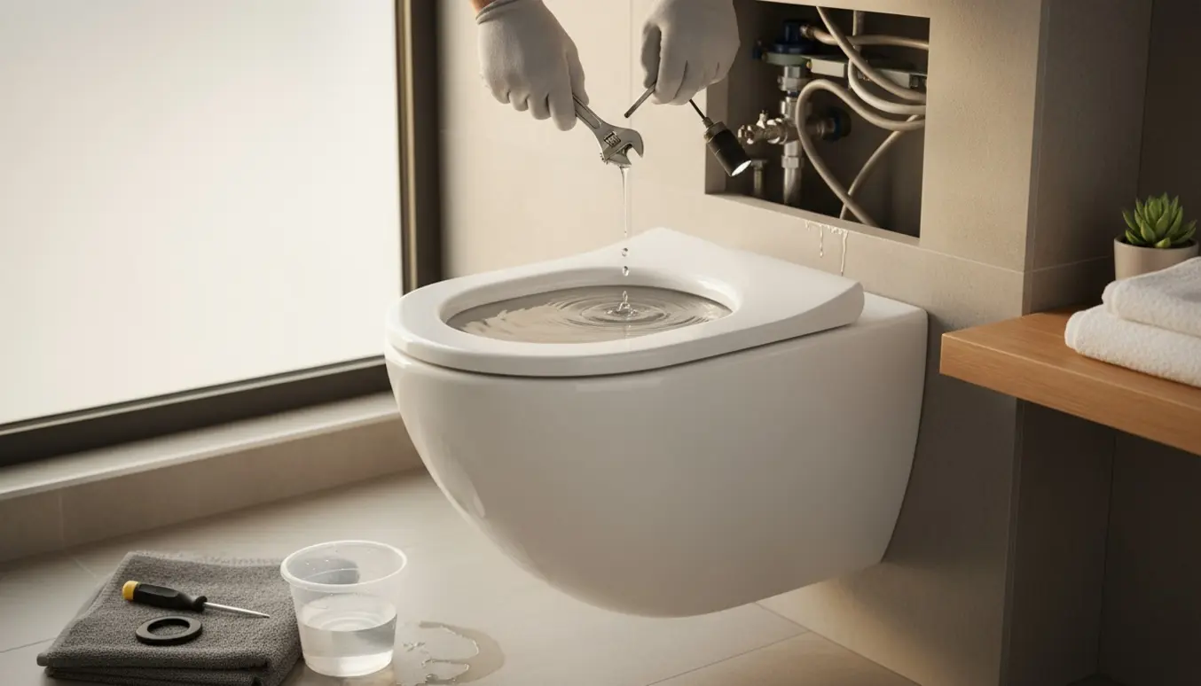 Væghængt toilet med åben cisterne og en hånd, der justerer ventil mens vand drypper.