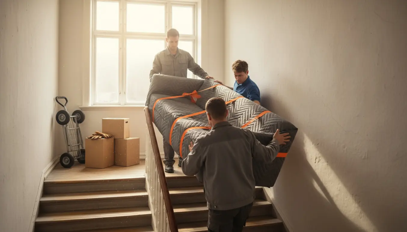 To flyttefolk bærer en sofa op ad en solbelyst trappe i en ældre lejlighed.