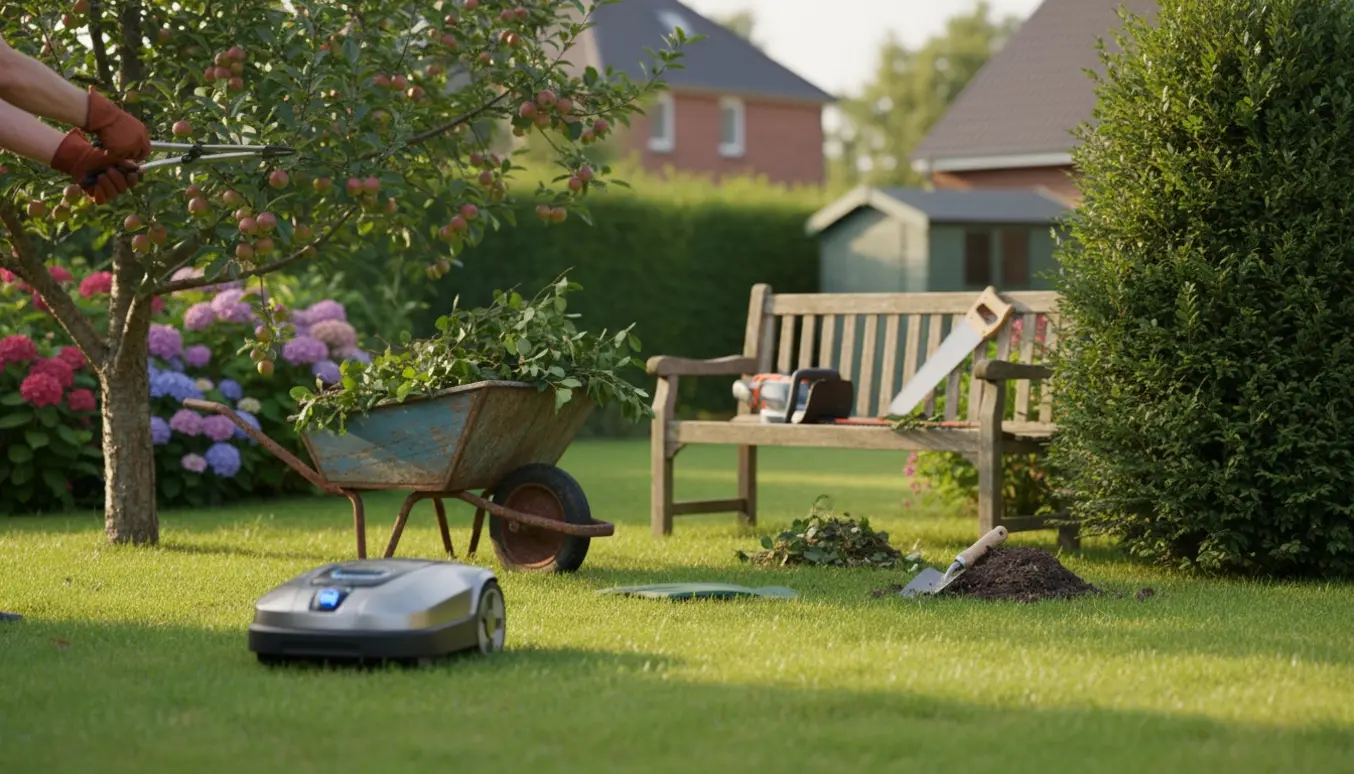 Robotplæneklipper på græs med hækkeskæring, beskårne grene og haveredskaber i en velplejet have.