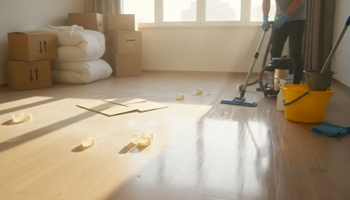Støvsugning og gulvvask i en tom 2-værelses lejlighed efter flytning med moppe, spand og flyttekasser i sollys.