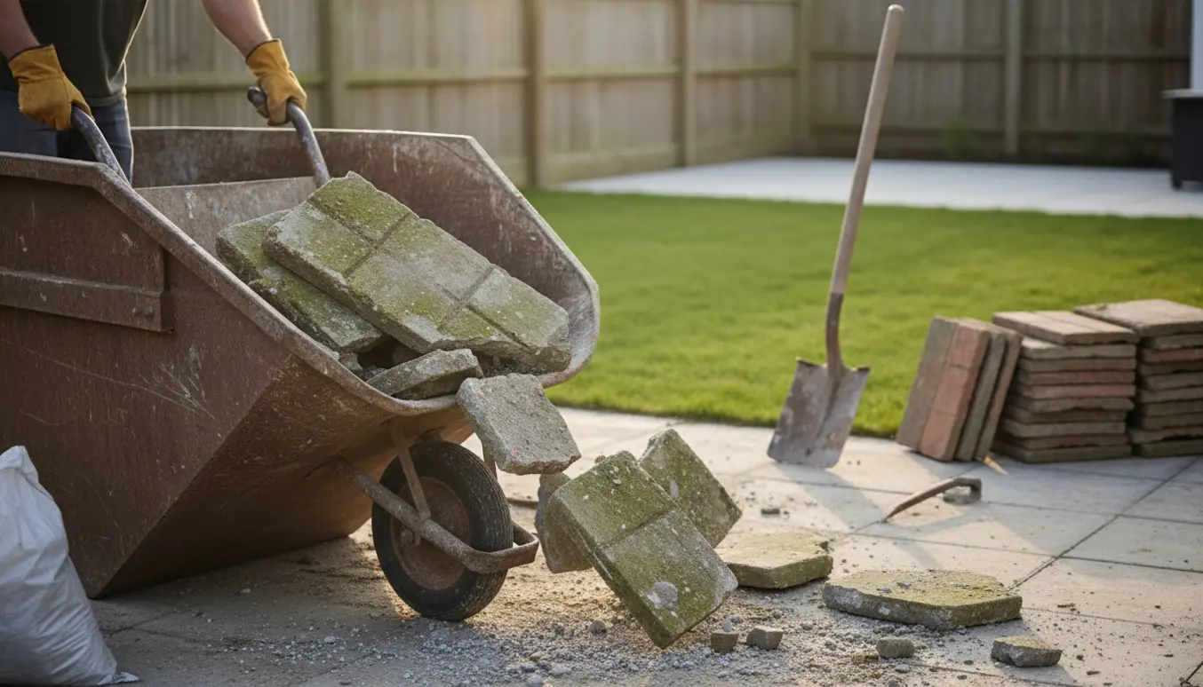 Trillebør tømmes og blandede betonfliser falder i en container ved terrasseomlægning.