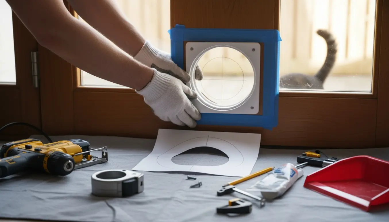 Hænder monterer en kattelem i en dør med termoglas, værktøj og en nysgerrig kat i baggrunden.