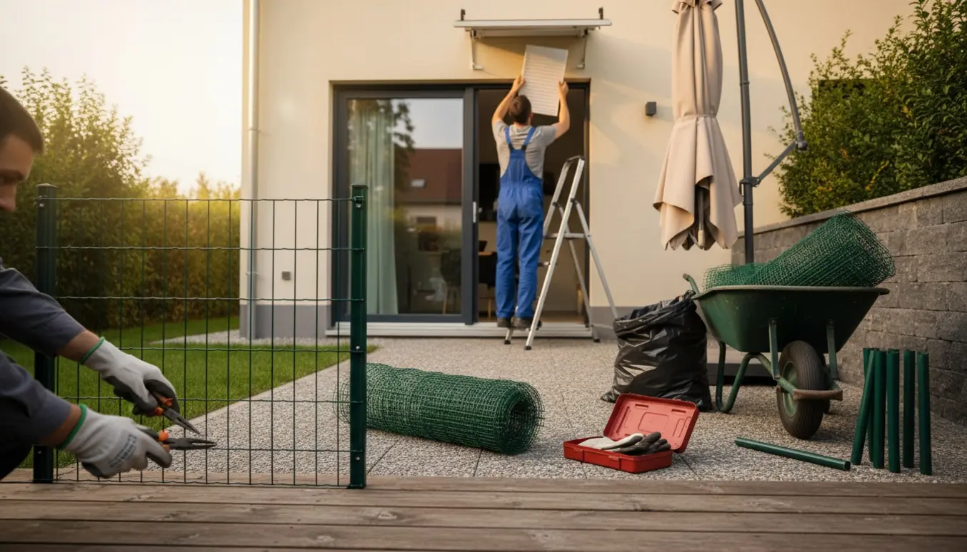 Nedtaget grønt trådhegn og sammenfoldet hængeparasol på terrassen, mens en person udskifter ventilationsfilter i en åben loftlem.
