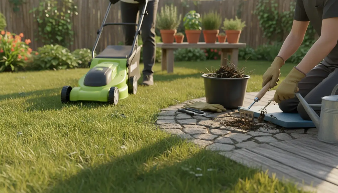 En havehjælper set bagfra, der slår græs og fjerner ukrudt mellem terrassefliserne.