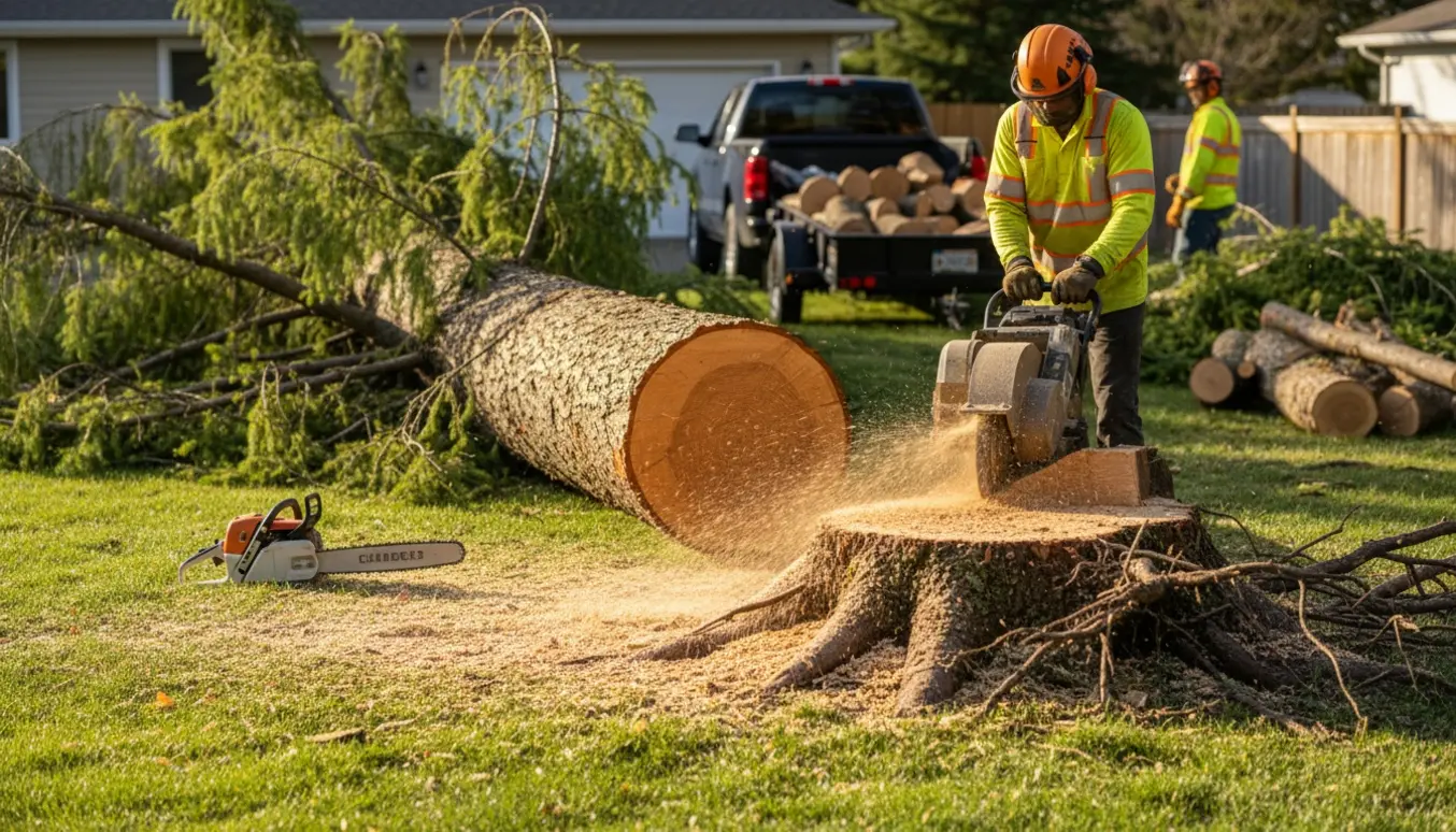 Fældet lærketræ med rodfræser i arbejde, savede stammer og træflis i en have.