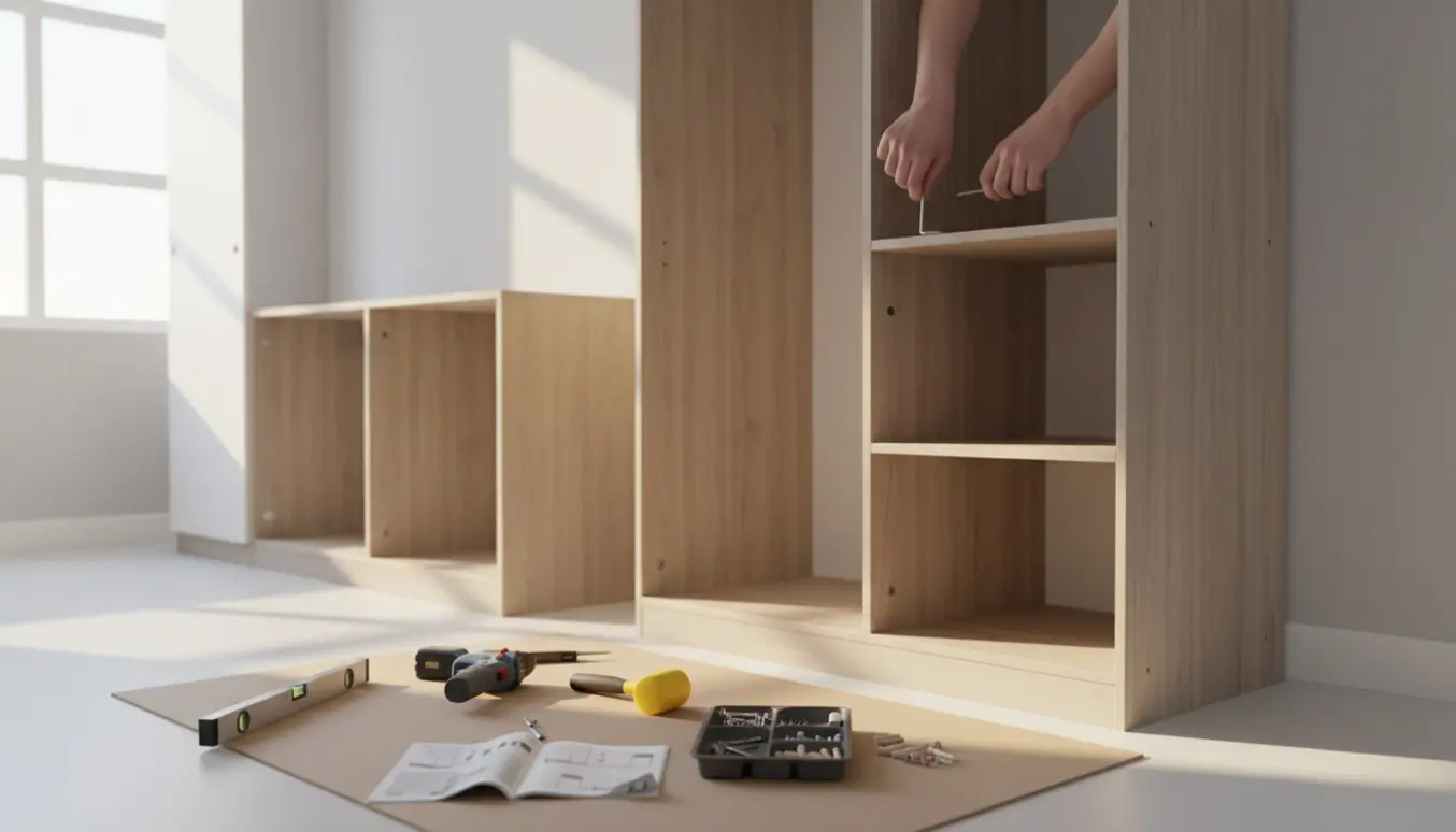 To klædeskabe er ved at blive samlet i et lyst soveværelse med værktøj og dele på gulvet.