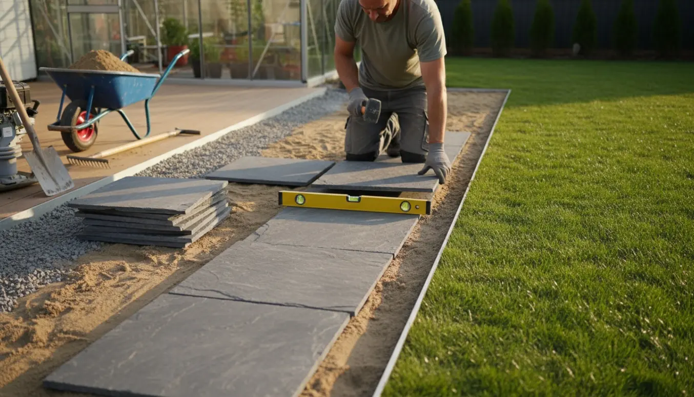 Hænder lægger 60x60 cm skifer på en forberedt sandbund foran et drivhus som forlængelse af terrassen.