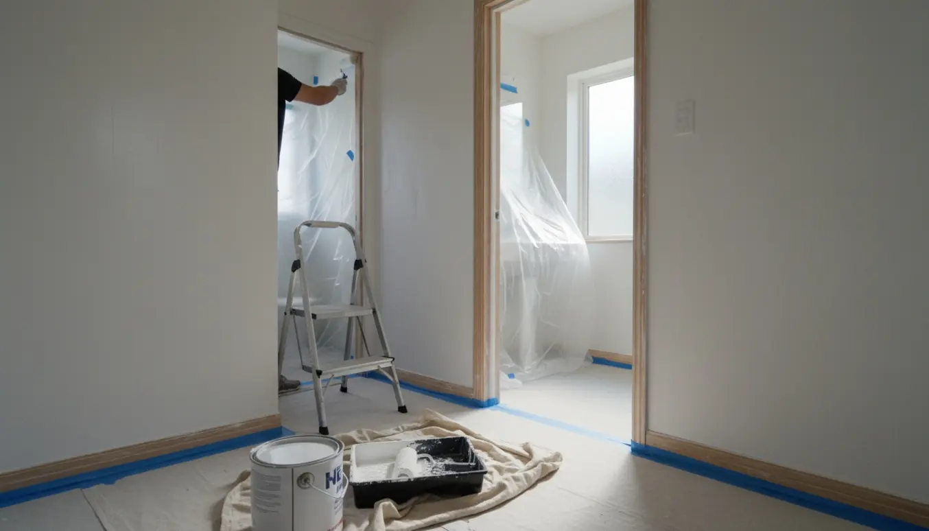 Et lyst entre og gæstetoilet under maling med malerbøtter, rulle og afdækningsmaterialer, hænder maler uden ansigt i fokus.