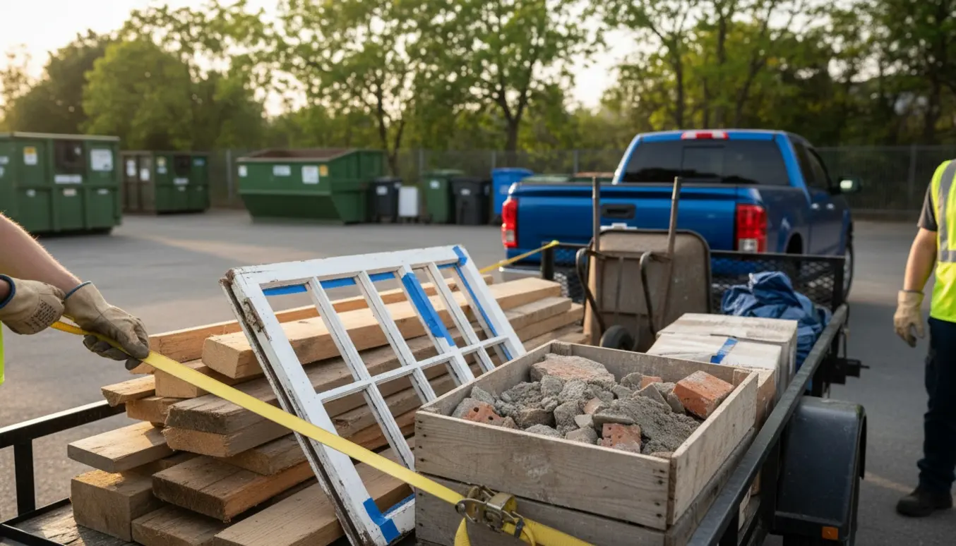 Trailer lastet med træ, vinduer og murbrokker, mens handskerede hænder spænder en strop foran et genbrugsområde.