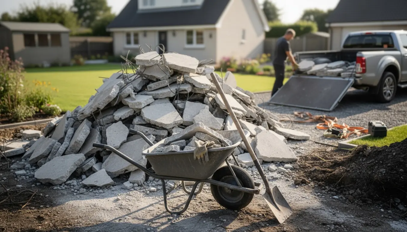 Stor bunke beton i haven med trillebør, skovl og trailer klar til at blive kørt på genbrugspladsen.