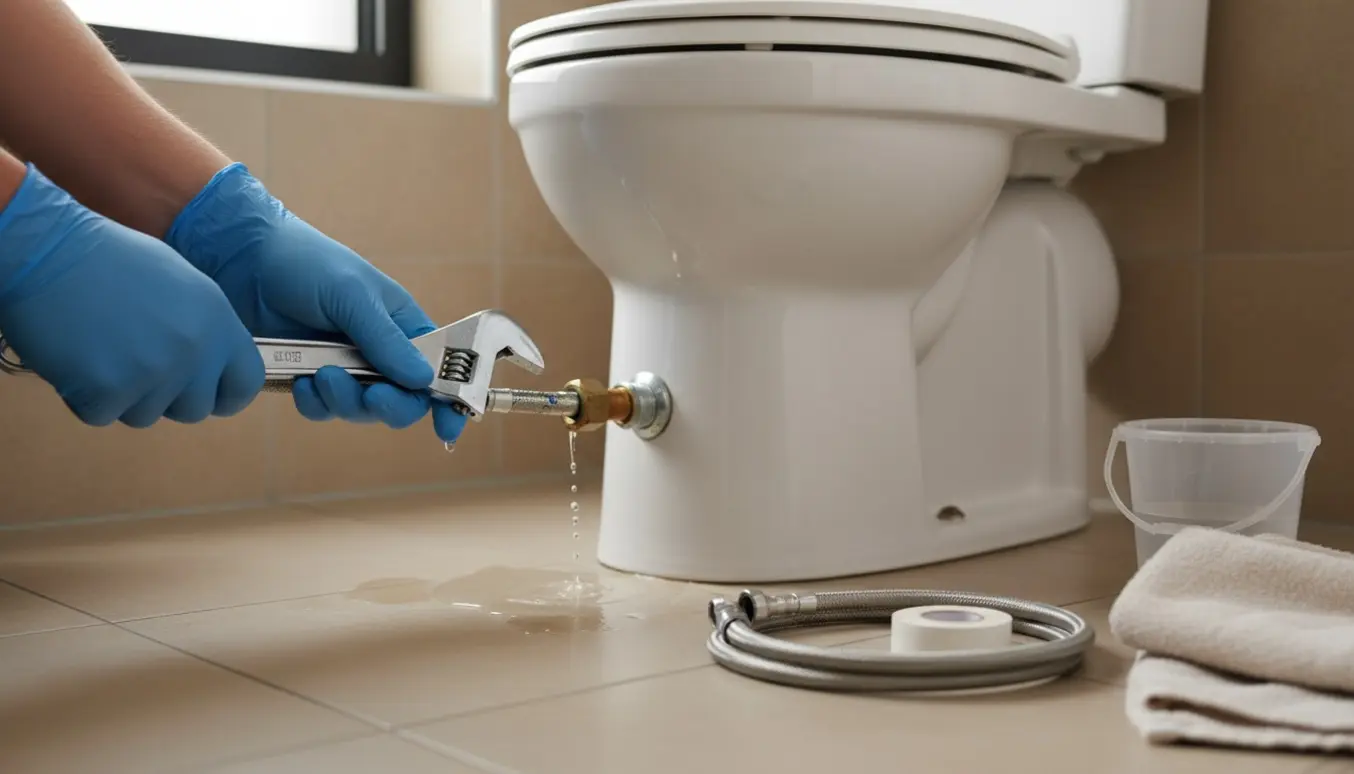 Hænder udskifter en utæt vandtilførselslange bag et toilet med en spand til opsamling af dryp.