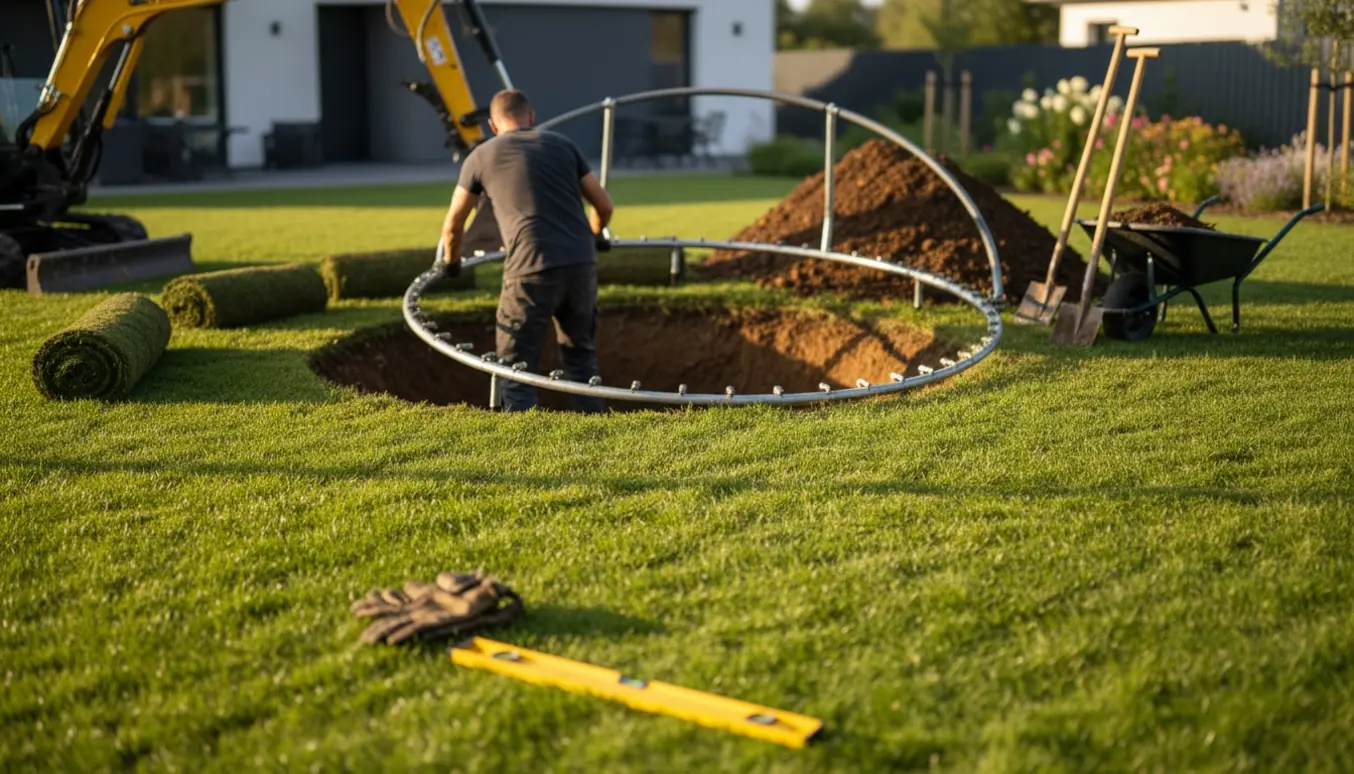 Nedgravet trampolinhul i en have med rullet græs, jordbunker, skovl og trillebør.