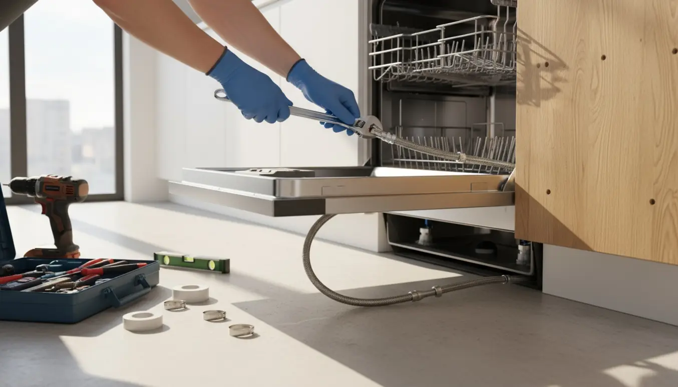 Tekniker monterer en indbygningsopvaskemaskine i et køkkenskab med værktøj og fokus på tilslutningerne.