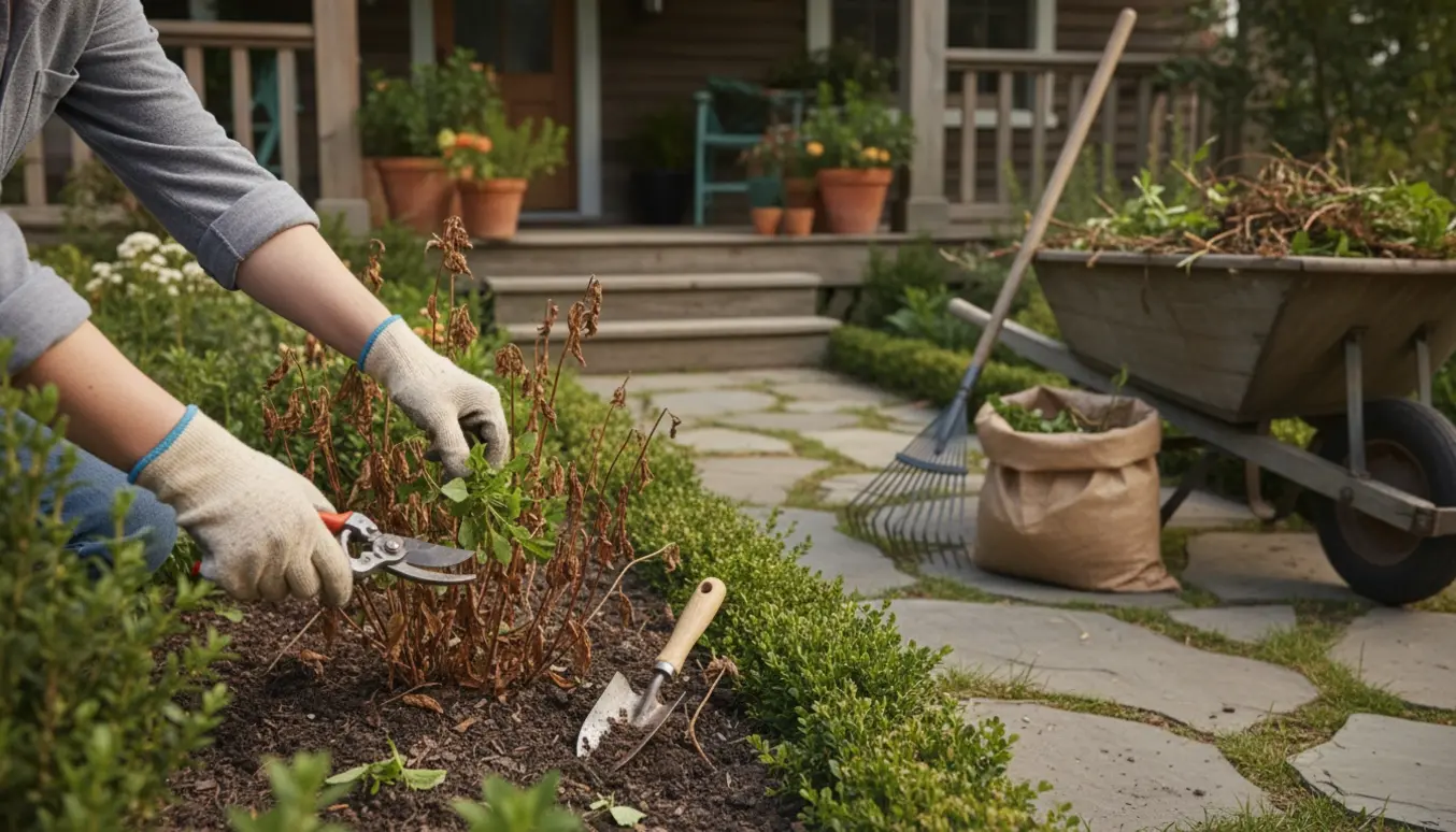 Nærbillede af hænder i havehandsker, der luger ukrudt og klipper visne planter foran et hus med haveredskaber og en bunke planteaffald.