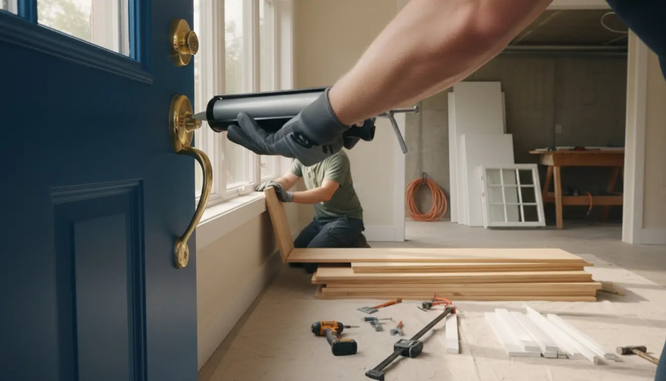 Hænder tætner hoveddøren med en fugepistol, mens nye udestuebrædder og loftplader ligger klar til udskiftning.