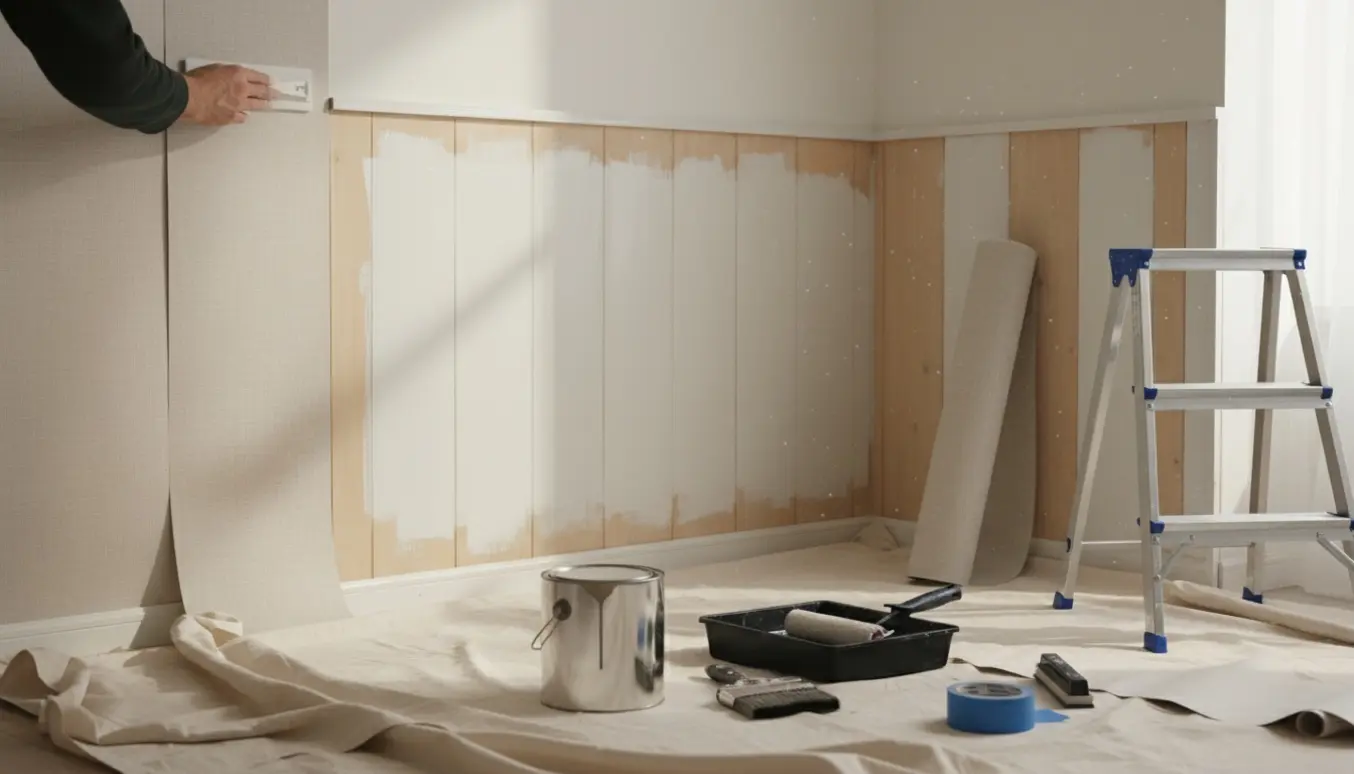 Værelse under renovering med opsat tapet og nymalede træpaneler samt værktøj i forgrunden.