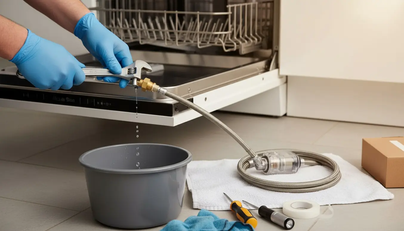 Nærbillede af udskiftning af Aqua Stop på en opvaskemaskine med værktøj og en spand til opsamling af vand.