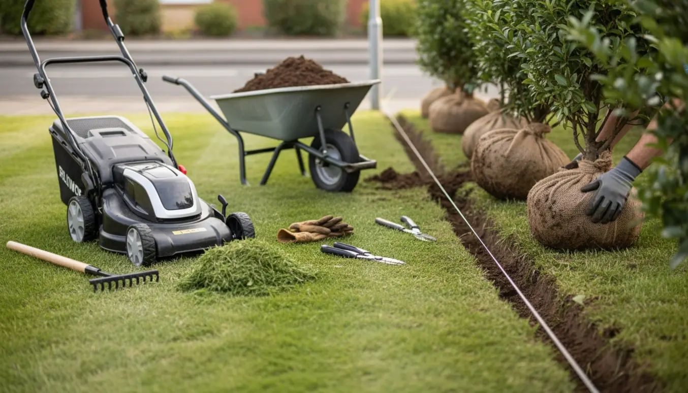 Front-have med nyslået græs og en hæk i færd med at blive flyttet tættere mod vejen, værktøj og rodklumper synlige.