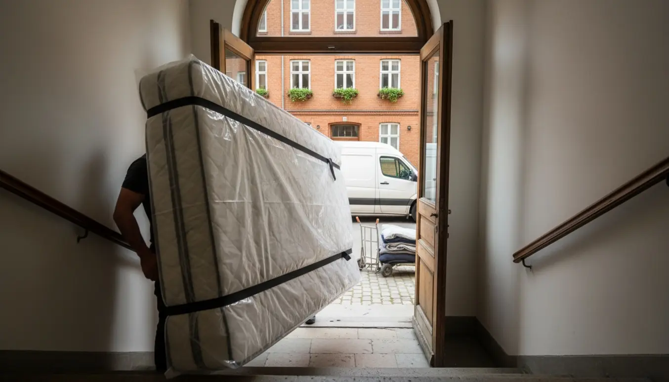 To flyttemænd bærer en indpakket boxmadras op ad en opgangstrappe, mens en flyttebil holder udenfor.