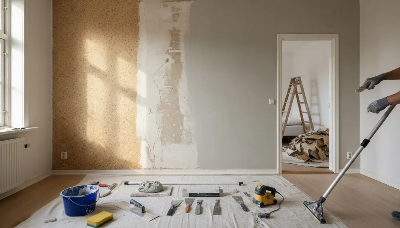 Stue med delvist fjernet savsmuldstapet og værktøj til pudsning og forberedelse før maling.