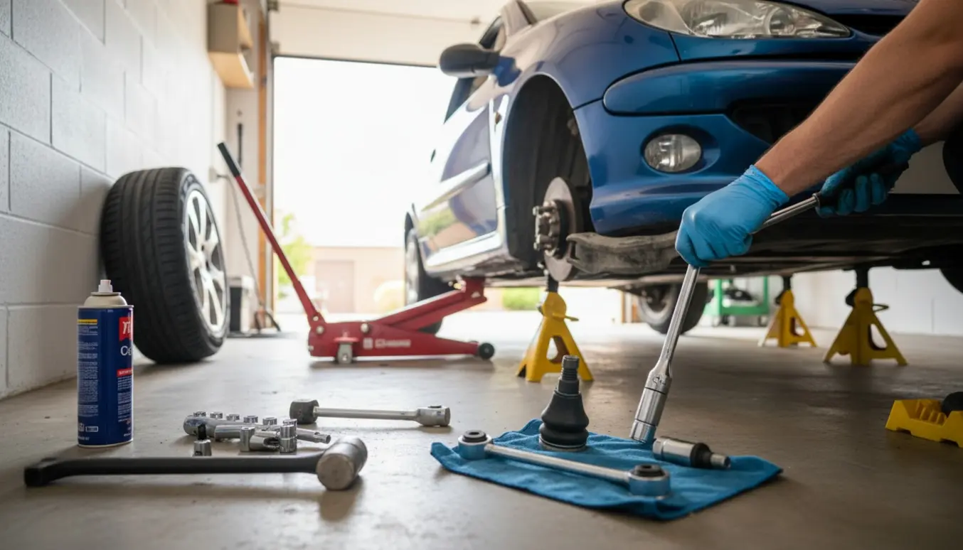 Udskiftning af styrkugle og stabilisatorstang på en Peugeot 206 med bilen løftet på donkraft og bukke.