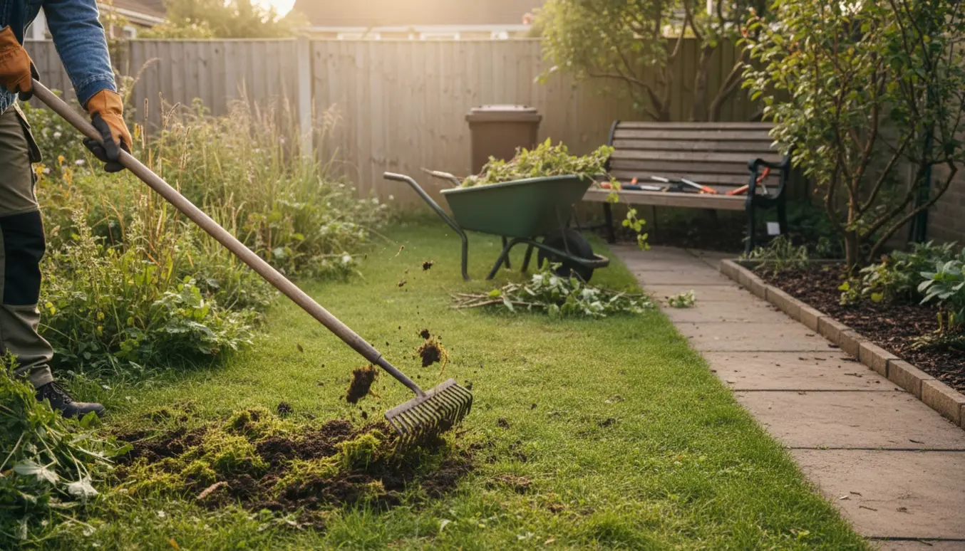 Hænder fjerner mos og ukrudt fra en græsplæne med beskårne buske og haveredskaber i baggrunden.