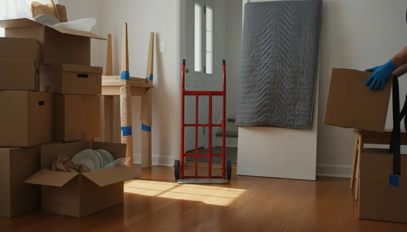 Flyttekasser, indpakket bord og handtruck i en lys entré klar til flyttehjælp.