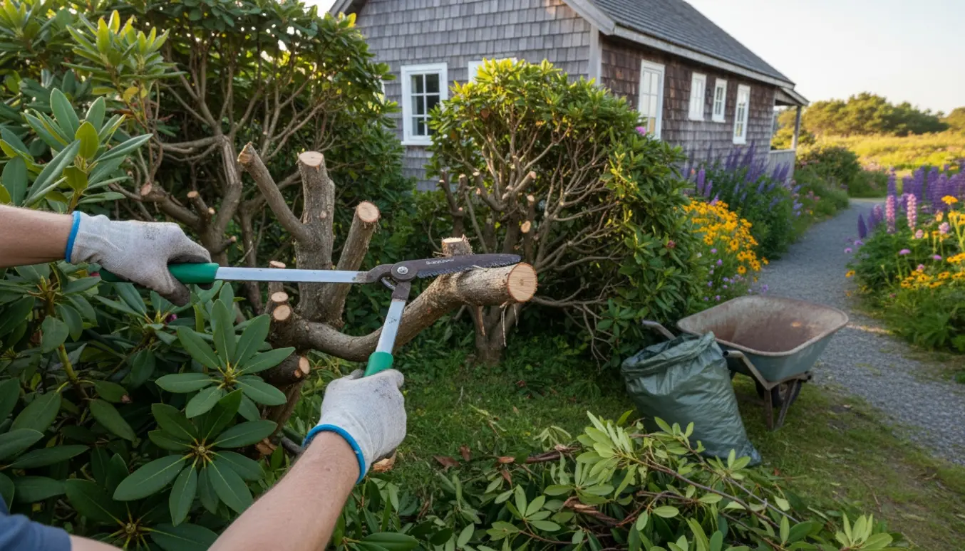 Kraftsigt beskæring af to store rododendronbuske ved et sommerhus med trillebør og en bunke afklippede grene.