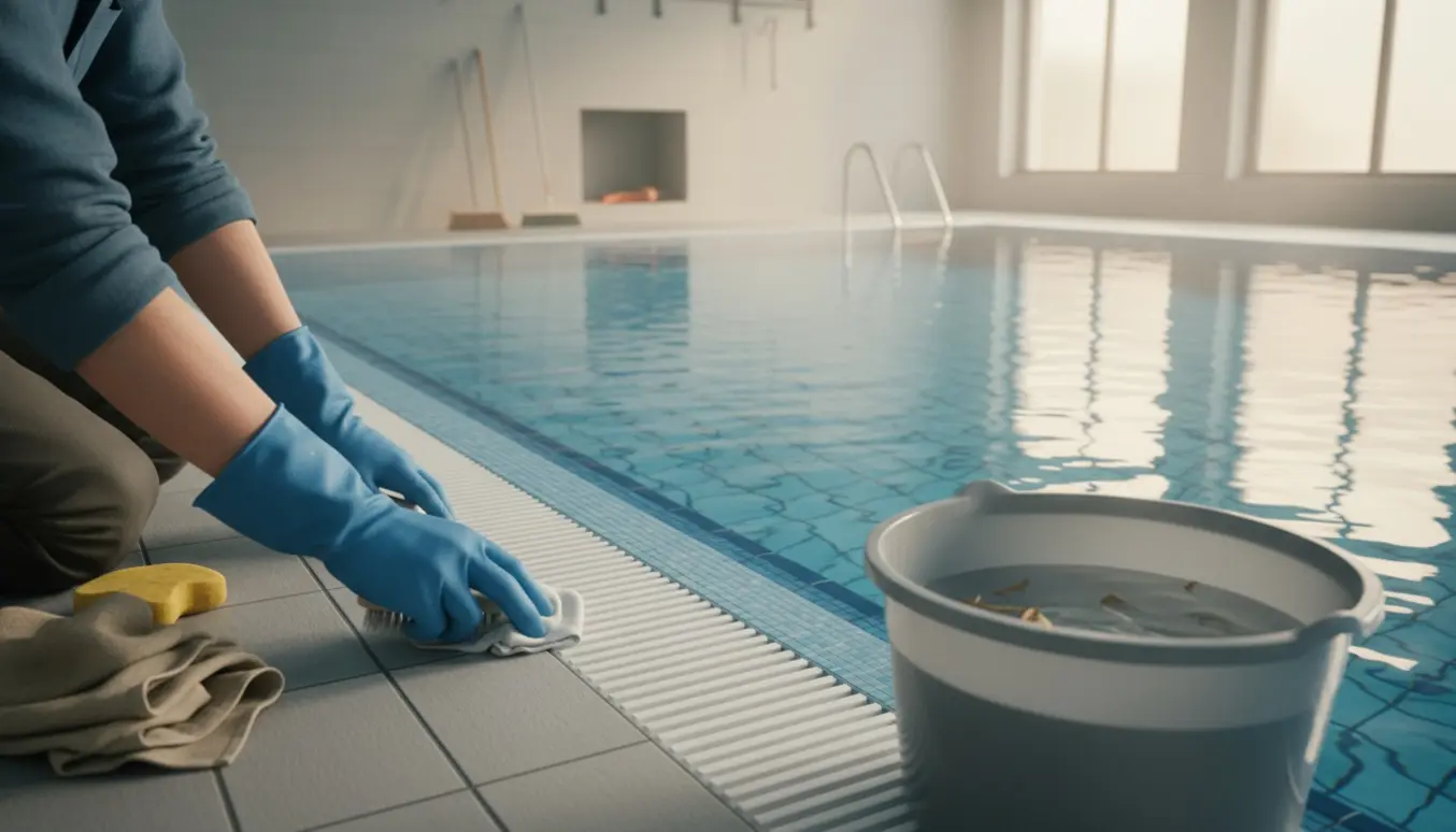 Indendørs pool hvor handske‑beklædte hænder skrubber vandlinjen med en klud og spand, mens hylder er tomme for udstyr.