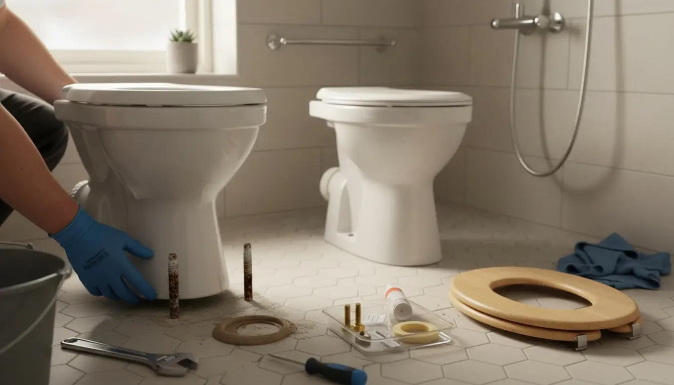 Håndværker løfter et gammelt Gustavberg-toilet ud af et lille badeværelse, mens et nyt toilet og toiletsæde ligger klar.