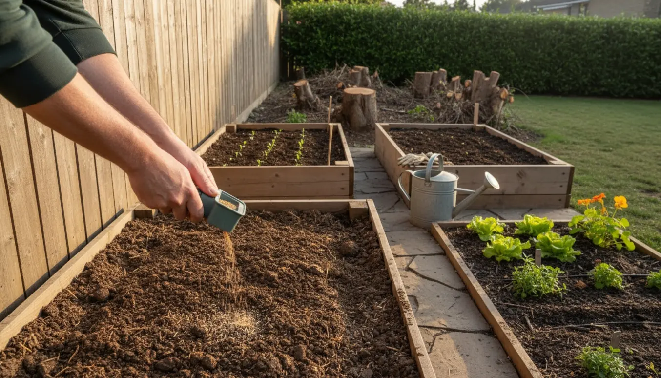 Morgenlys på en have hvor græs sås ved nabogrænsen, tre højbede med nyspirede grøntsager og haveredskaber.