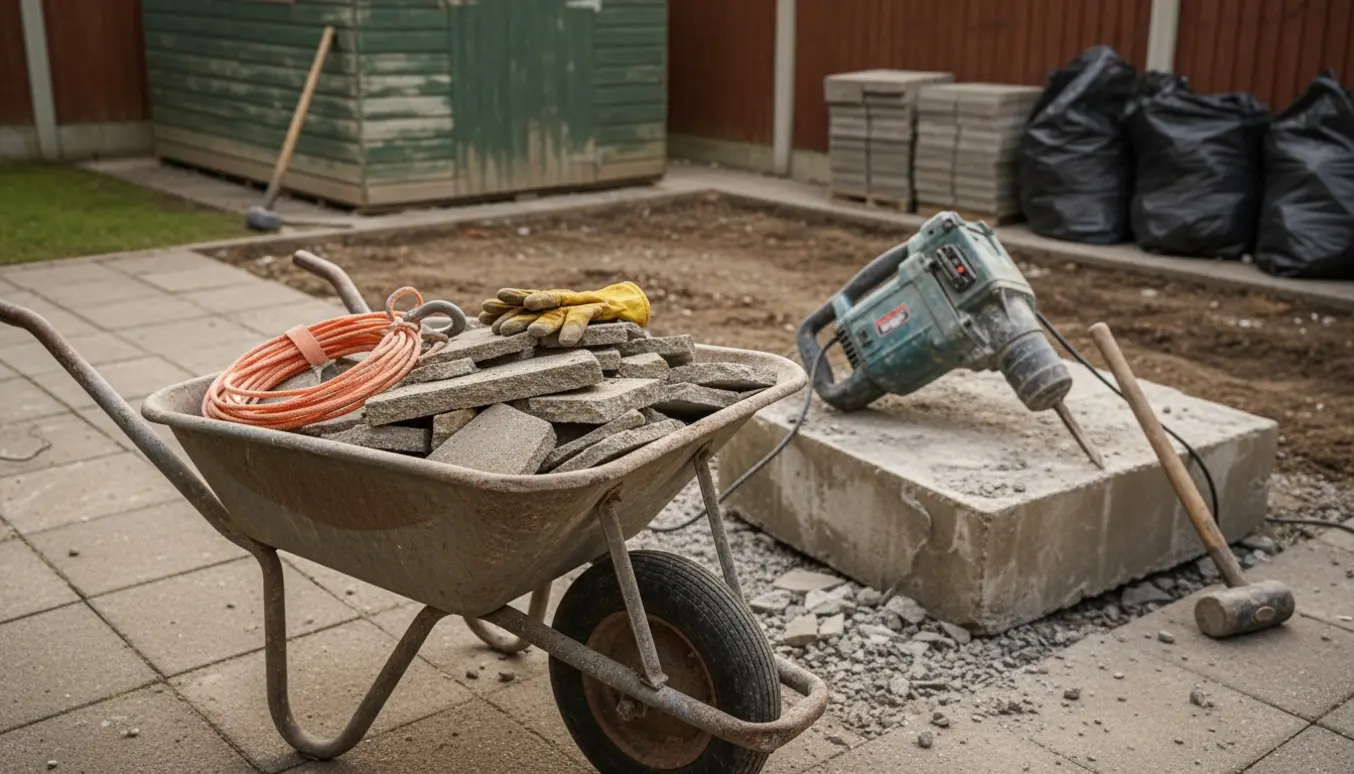Trillebør fyldt med flisestumper foran en delvist nedbrudt betonblok og en betonhammer i en baghave, klar til bortskaffelse.