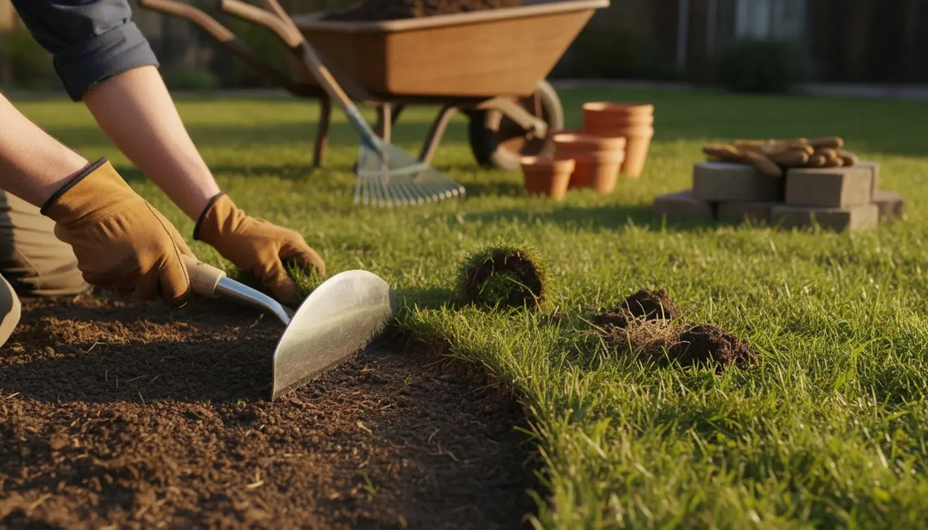 En haveejer graver et blomsterbed og laver en skarp græskant med spade og kantjern.