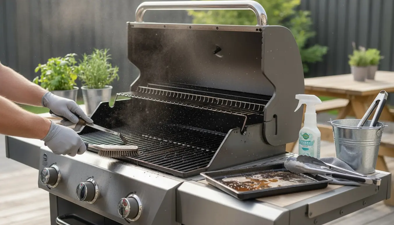 Handskerede hænder skrubber en rustfri gasgrillrist med en stiv børste på en solrig terrasse.