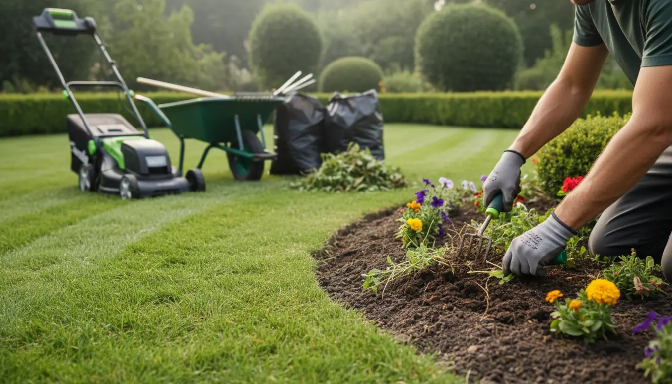 Person luger bede og har klippet græsset i en velordnet have med fyldte haveaffaldssække.