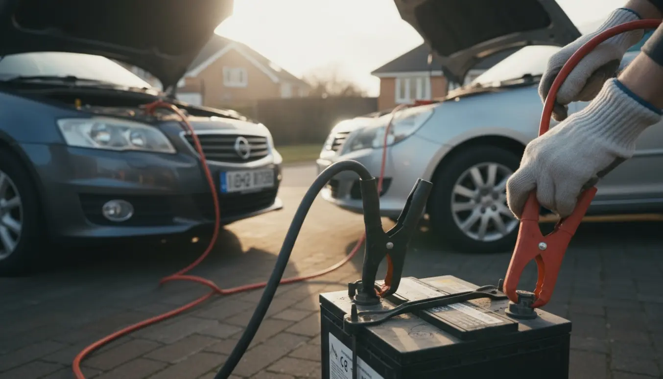 Åben motorhjelm med startkabler, hænder fastgør klemmer til et afladet bilbatteri.