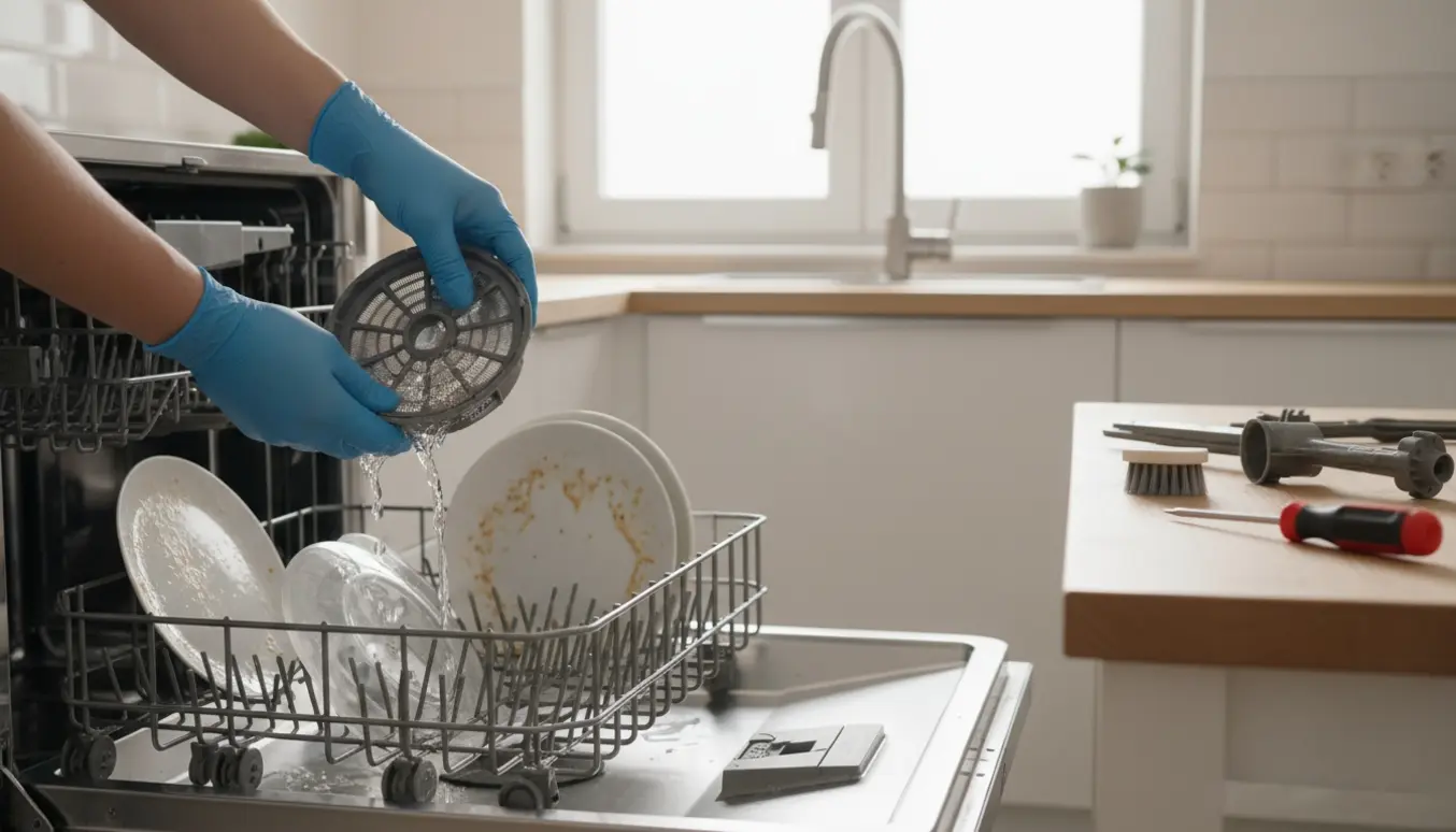 Åben opvaskemaskine med filter renses under rindende vand, mens uopvaskede tallerkener ses i bunden.