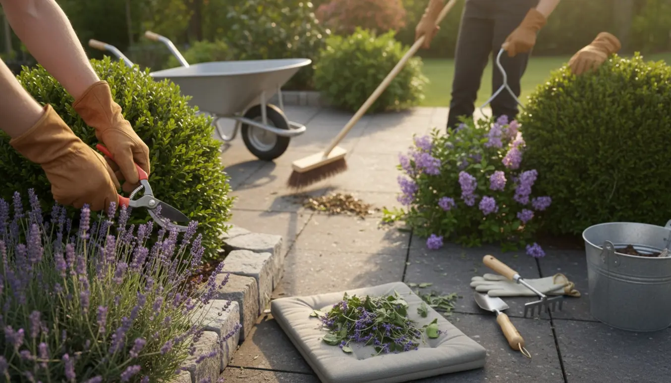 Hænder beskærer lavendel og fejer en terrasse med klippede buksbom og en lille bunke ukrudt.