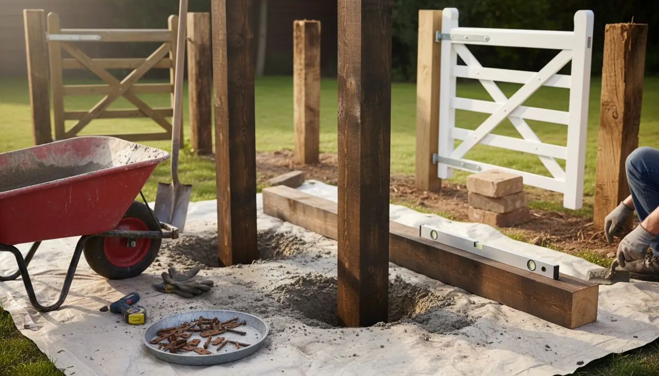 Nye træstolper støbes i jorden ved en havelåge med værktøj og låge klar til montering.