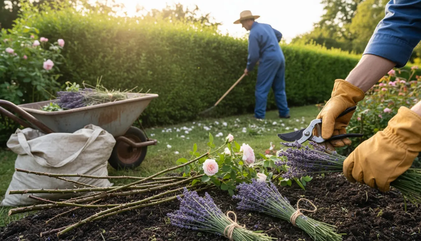 Hænder beskærer lavendel og roser foran en nyslået hæk i en solrig forårshave.
