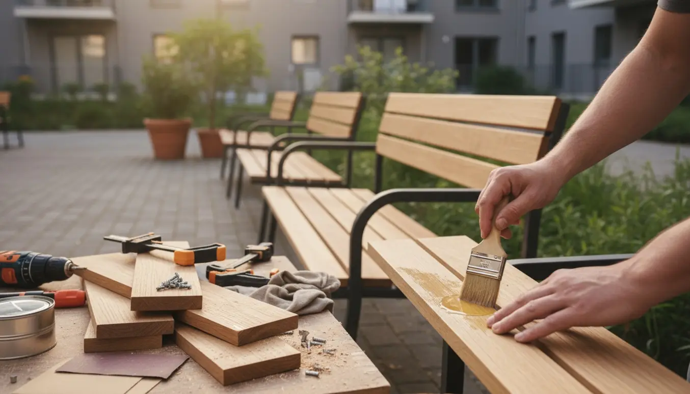 Hænder påfører klar linolie på nye hårdttræsplanker på en af fem udendørsbænke i en fælles gårdhave.