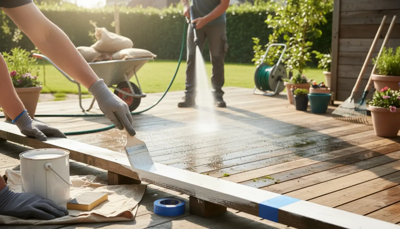 Terrasse med rækværk under maling og højtryksrensning i en solbeskinnet have.
