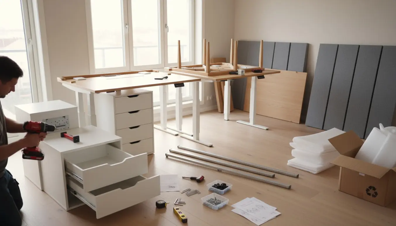 Scandinavisk stue med halvmonterede møbler, værktøj og emballage klar til montering.