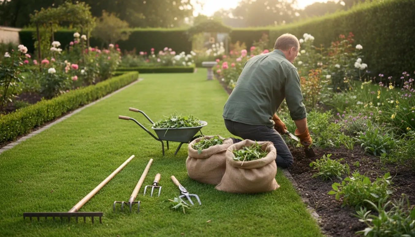 Hænder i handsker luger et blomsterbed i en velplejet privat have med haveredskaber og fyldte affaldsposer.