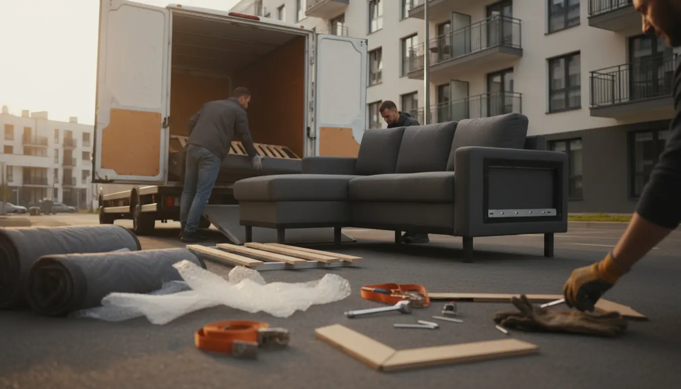 To personer læsser en chaiselong-sofa ind i en varevogn med værktøj og flyttetæpper ved siden af.