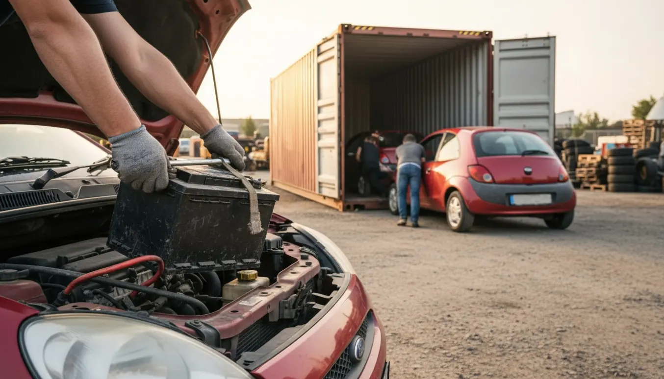 En person fjerner et bilbatteri fra en lille rød hatchback, mens bilen skubbes i frigear mod en åben container.