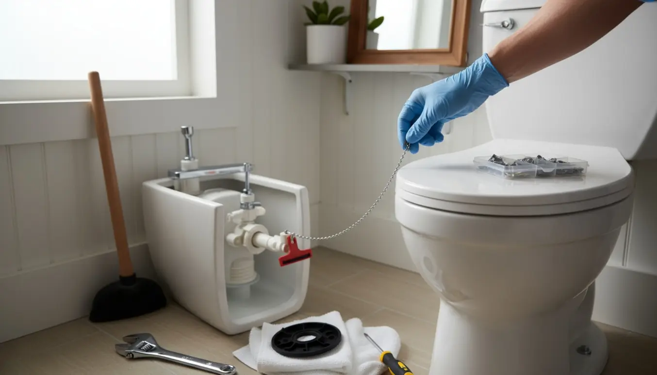 Toilettank uden låg med synlige indvendige dele og en hånd, der justerer skyllemekanismen.