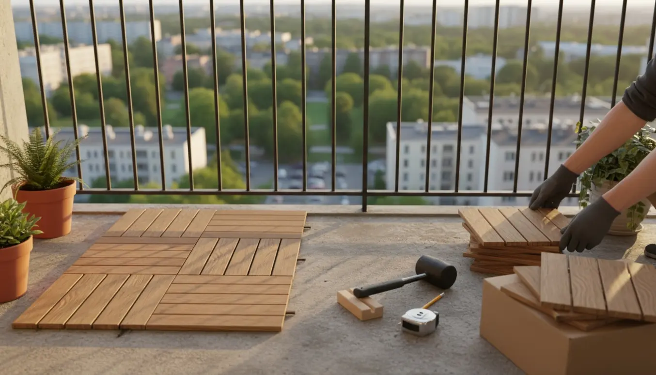 Nærbillede af klik-træfliser delvist lagt på en altan med værktøj ved siden af.