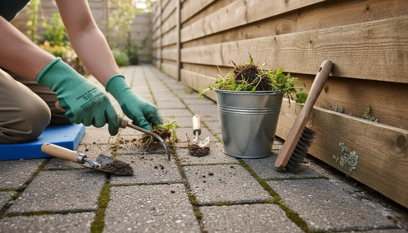 Nærbillede af hænder i handsker, der fjerner ukrudt fra fuger mellem fliser langs et træhegn.