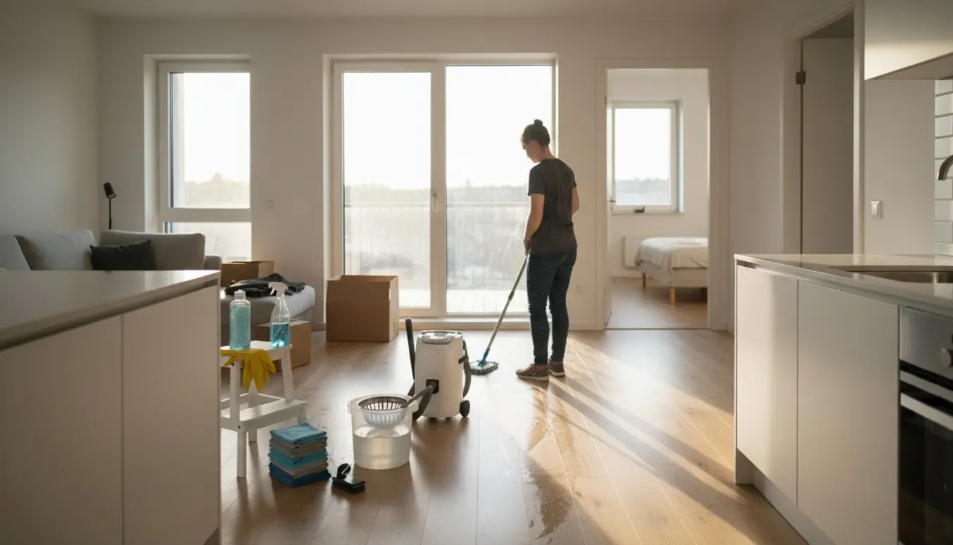 Rengøringsperson set bagfra vasker gulvet i en lys, ryddet lejlighed med støvsuger, spand og klude i nærheden.